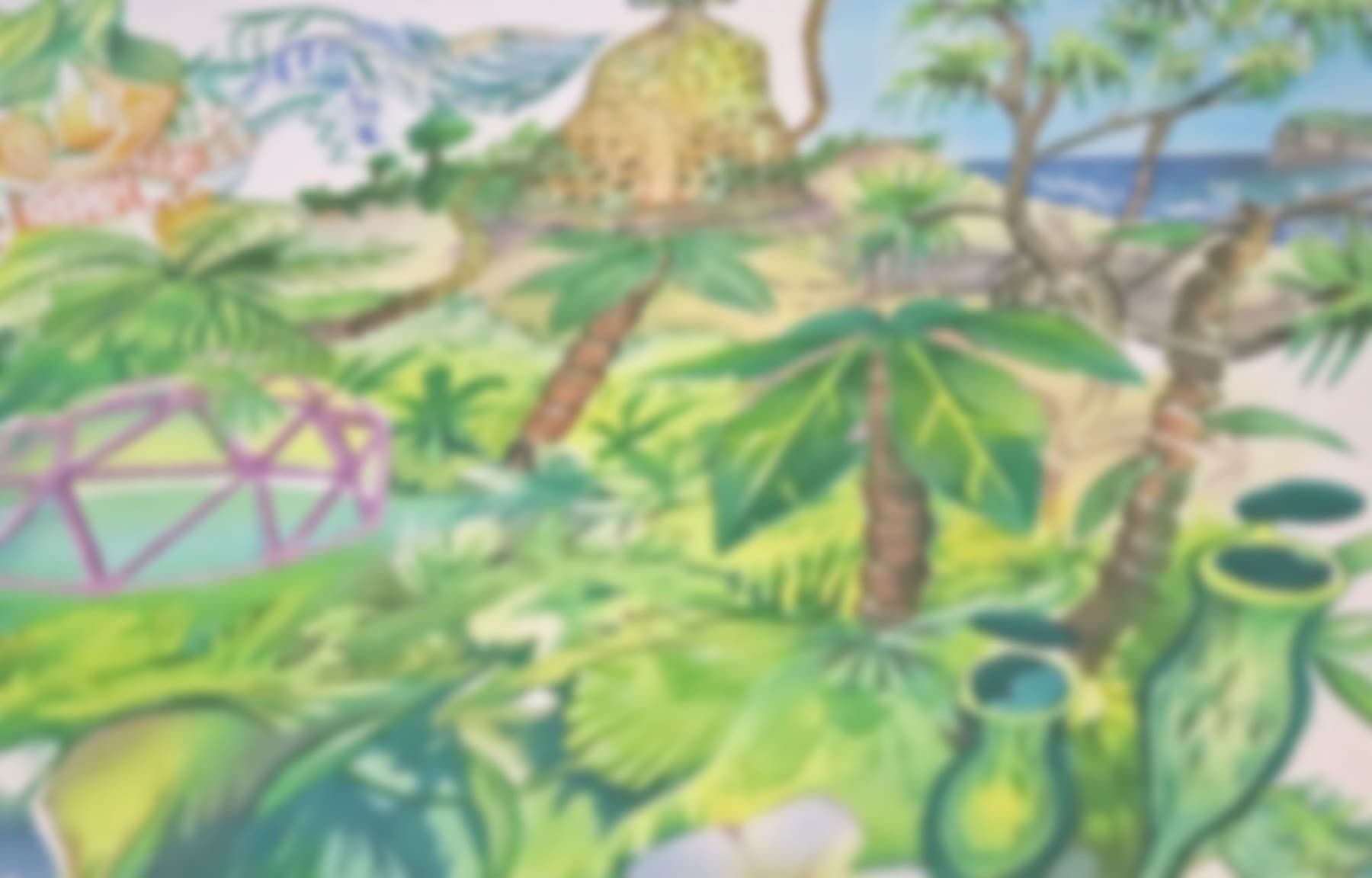 Green leaves, trees and geometric details painted on a Jungle shirt.