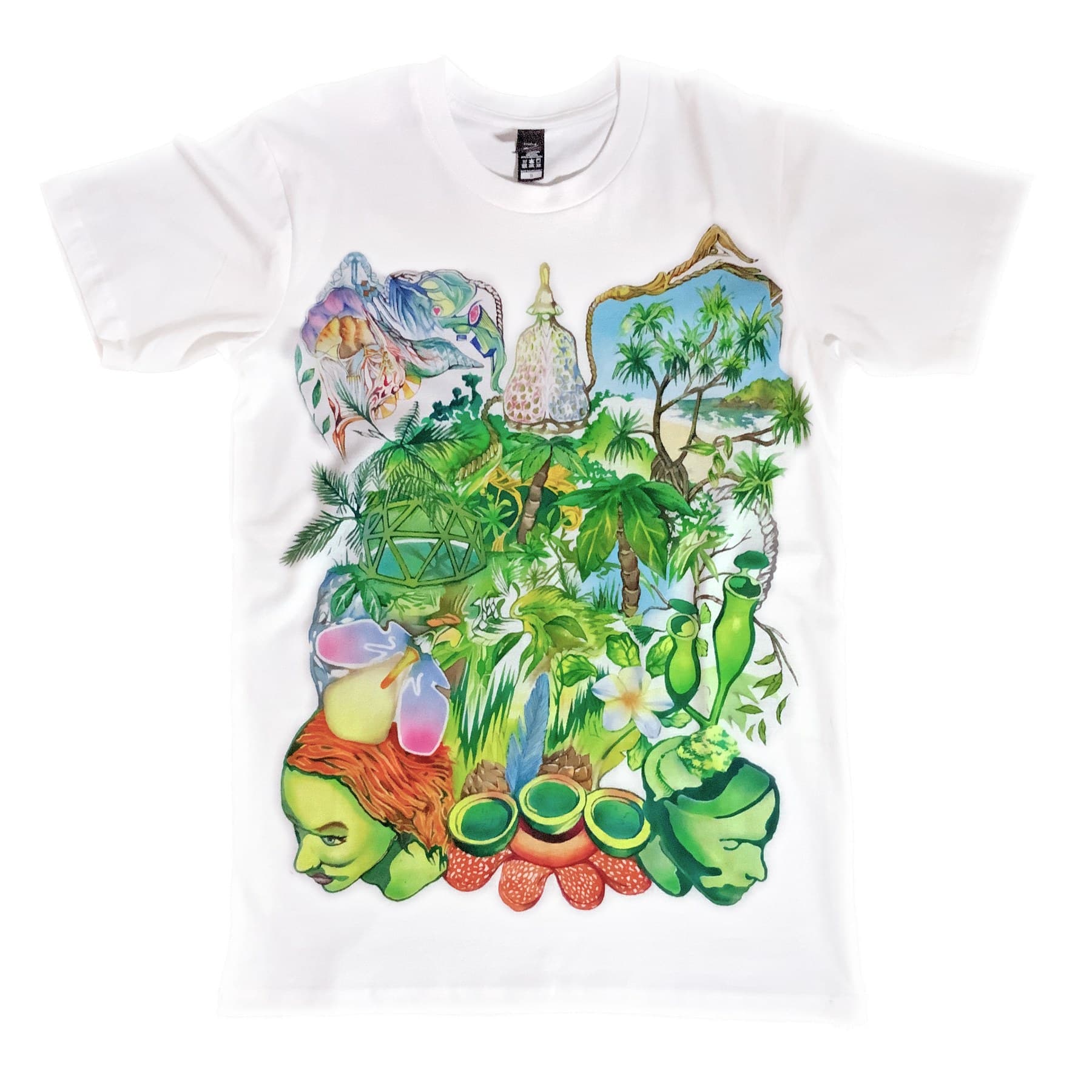 A second white Jungle T-shirt with a dense, hand-painted botanical scene.