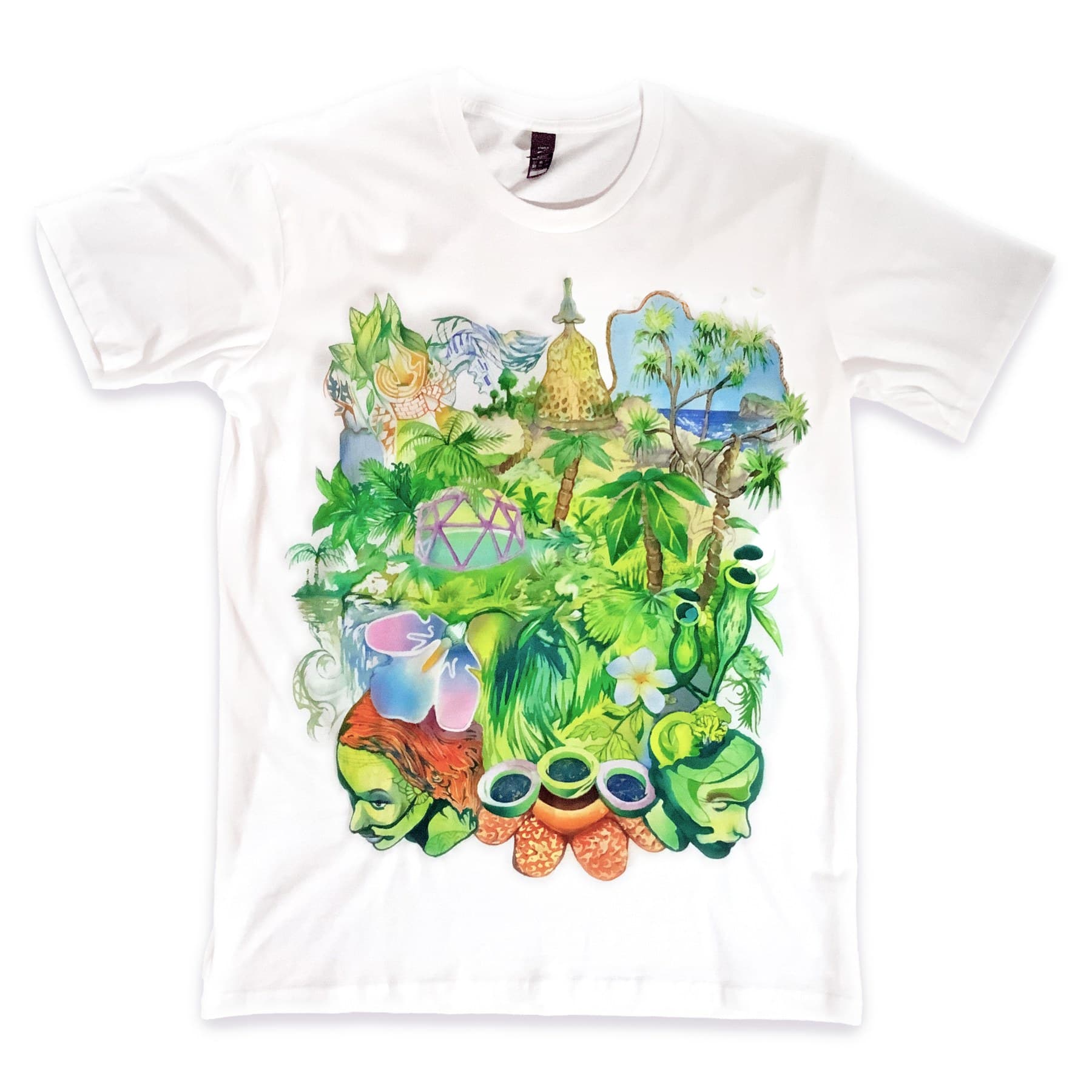 White Phi Tre T-shirt with a hand-painted jungle of green foliage and colourful forms.